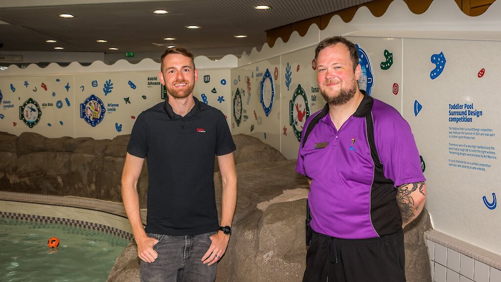 Clickimin Duty Officer Liam Summers with Jono Sandilands of ArtMachine (Shetland) Ltd